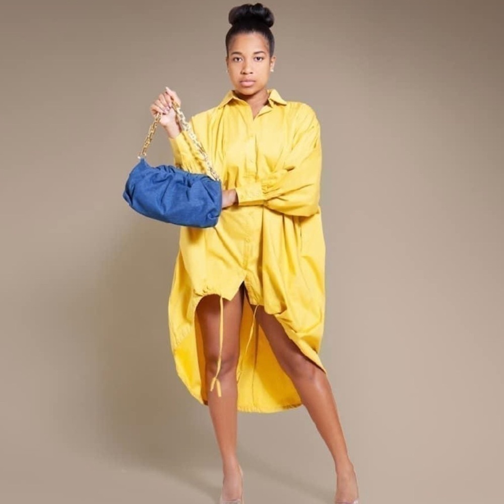 Drawstring shirt/dress. Yellow long sleeve with color and drawstring bottom.(OS) - Picture 1 of 2